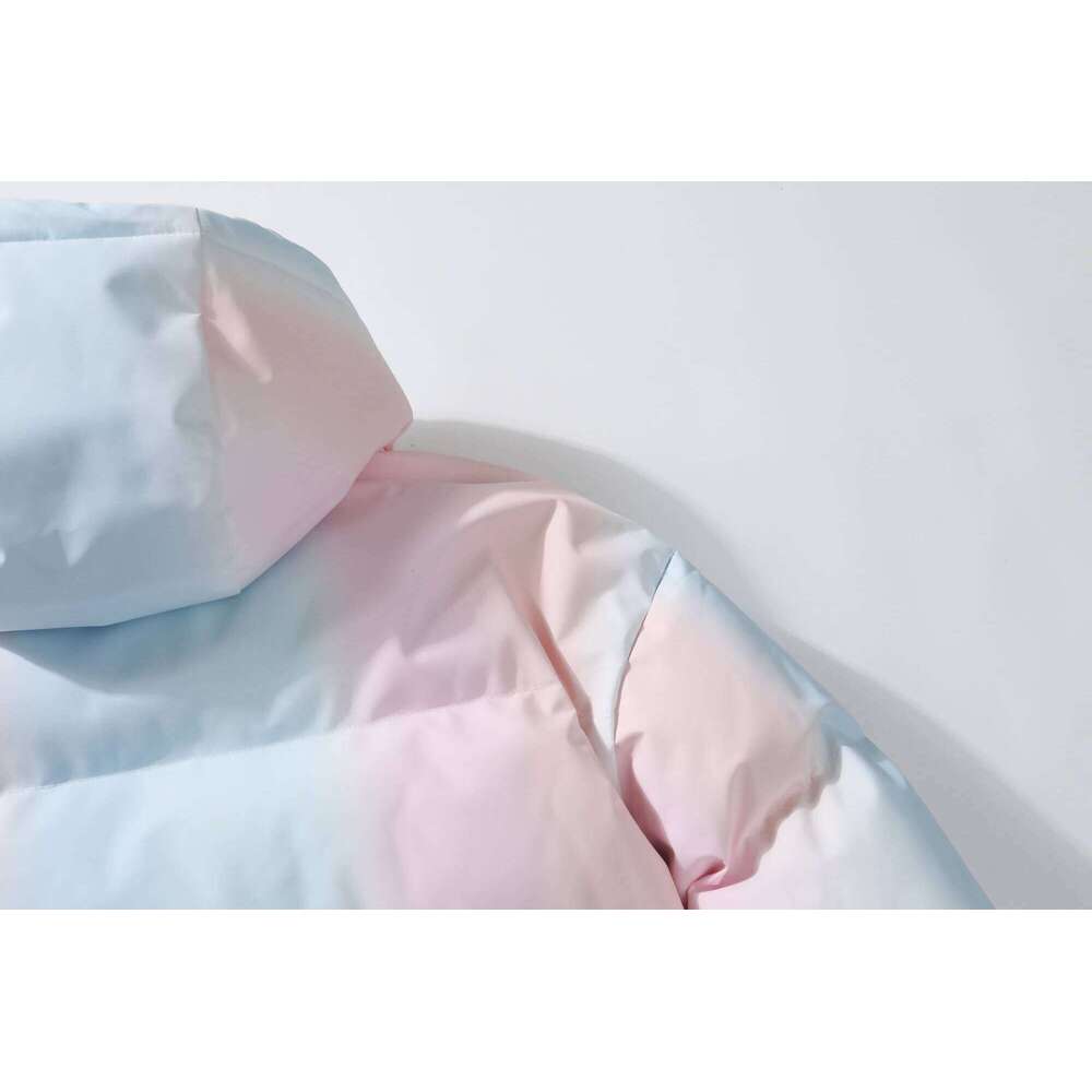 Men's Pink - Blue Ombre Hooded Puffer Jacket, Pastel Gradient Winter Coat With Functional Pockets