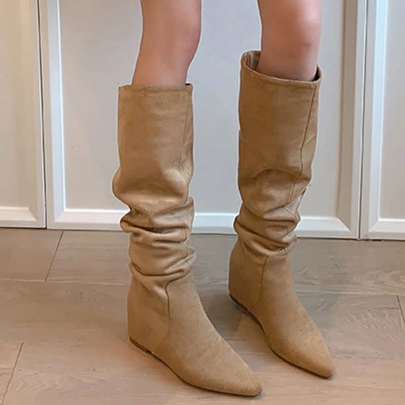 Wedges Women Long Boots Suede Fashion Pointed Toe Shoes Knee High Woman Winter Boots Dress Femme Botas 251011
