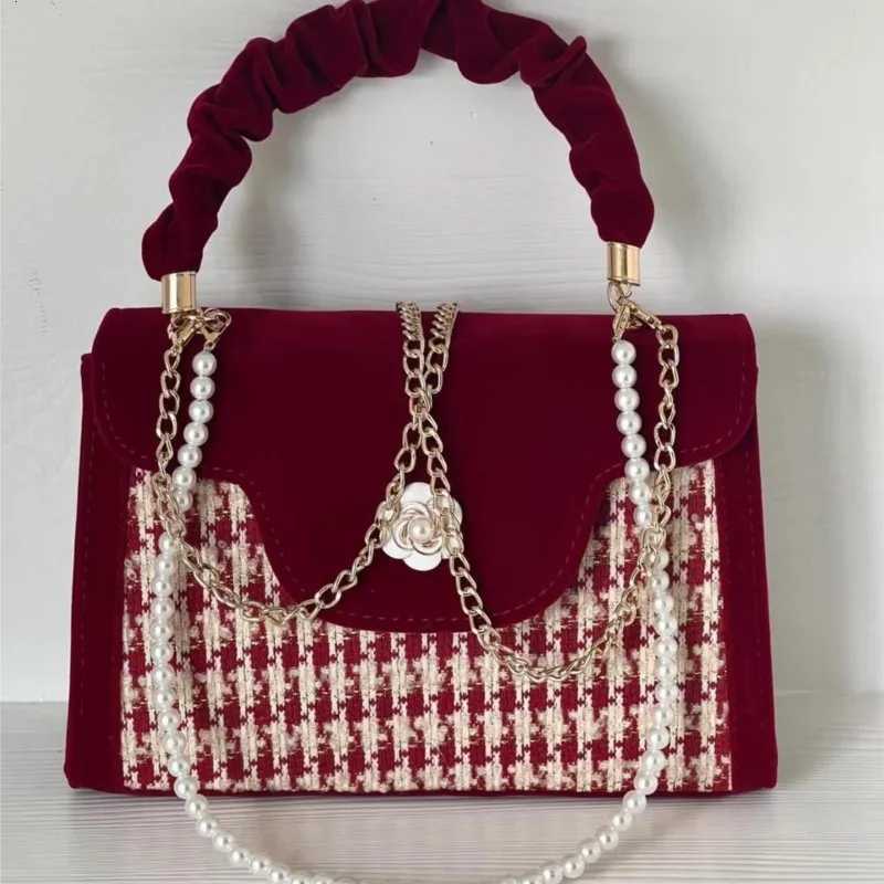 JIAERDI Vintage Red Velvet Handbag Purse Women Wedding Pearl Handle Square Messenger Bag Female Casual Crossbody Bags 2025 New Z251018