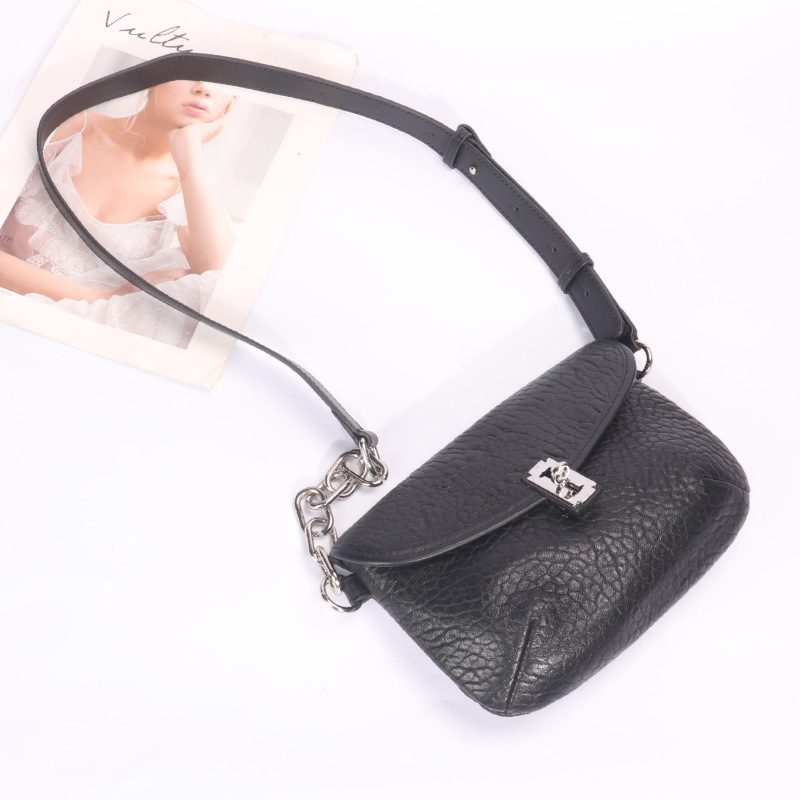 Women Fashion Casual Black Sheepskin Small Capacity Saddle Buckle Bagsain Strap Single Shoulder Armpit Crossbody Bag