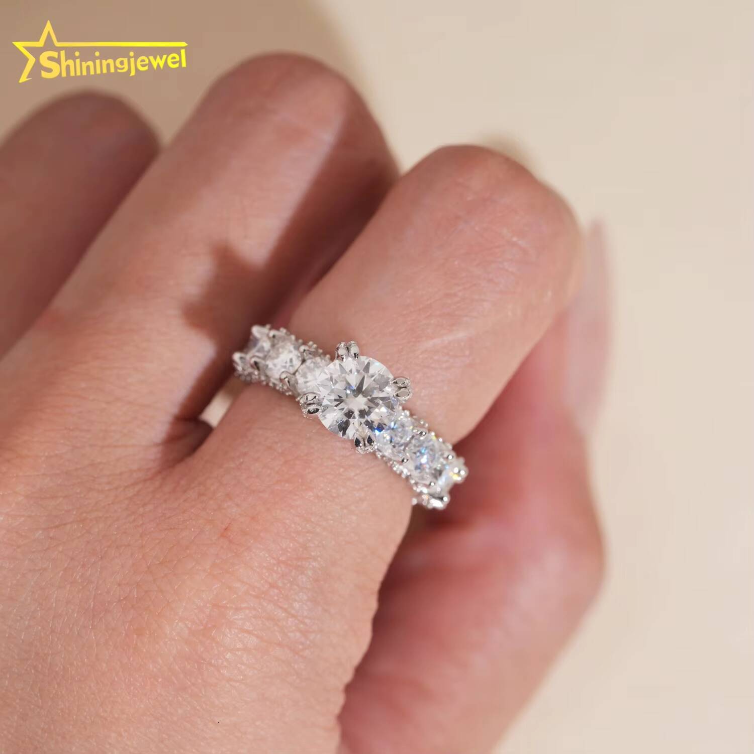 Shiningjewel New Luxury Eternity Ring Side Setting GRA Certificate 925 Iced Out Diamond Engagement Wedding Band Ring Moissanite