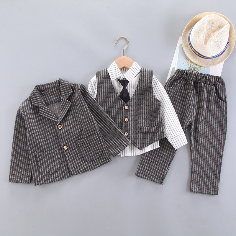 New Spring and Autumn Collection of Children's Clothing for Boys, Babies, Infants, and Children, Casual Checkered Small Suits, Four Piece Set, Fr