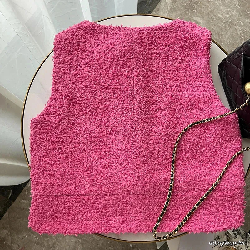 Tweed Vest Womens: Elegant O-Neck Sleeveless Wool Jacket, Korean Style Jacket. Lightweight Pink And White Coat For Women Ddmywonder