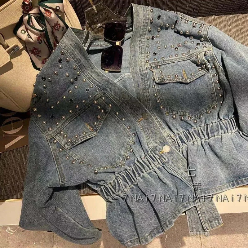 Denim Jacket Womens Spring Autumn Style Heavy Embroidery Studs Beadings Loose Fit Cropped Stylish Long Sleeve Top 251009