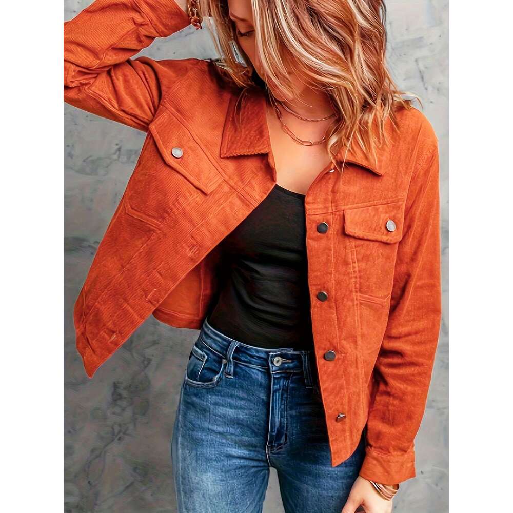 Corduroy Button Front Flap Pockets Jacket, Casual Long Sleeve Jacket For Spring & Fall, Women's Clothing