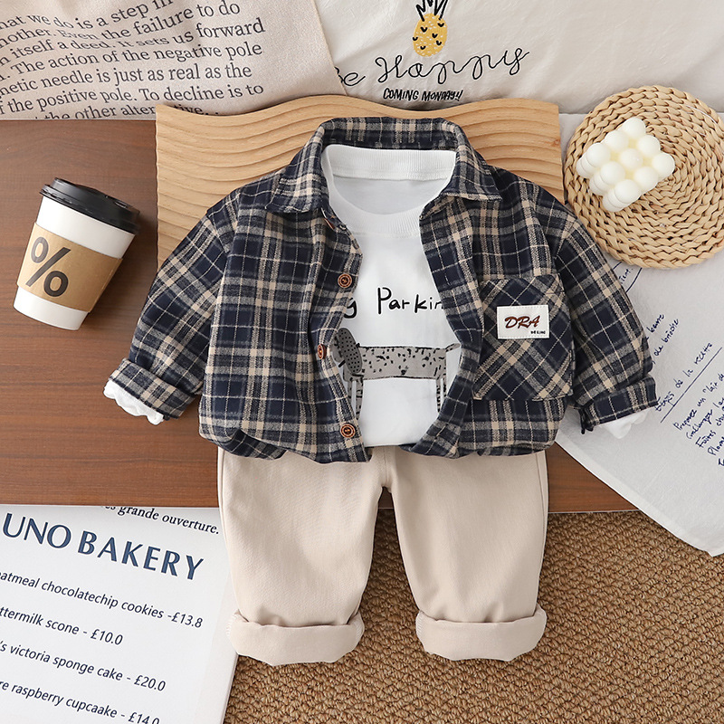 Boys' Spring and Autumn 2025 Autumn Edition Korean Edition Children's Fashionable Label Plaid Shirt 3-Piece Set Trendy