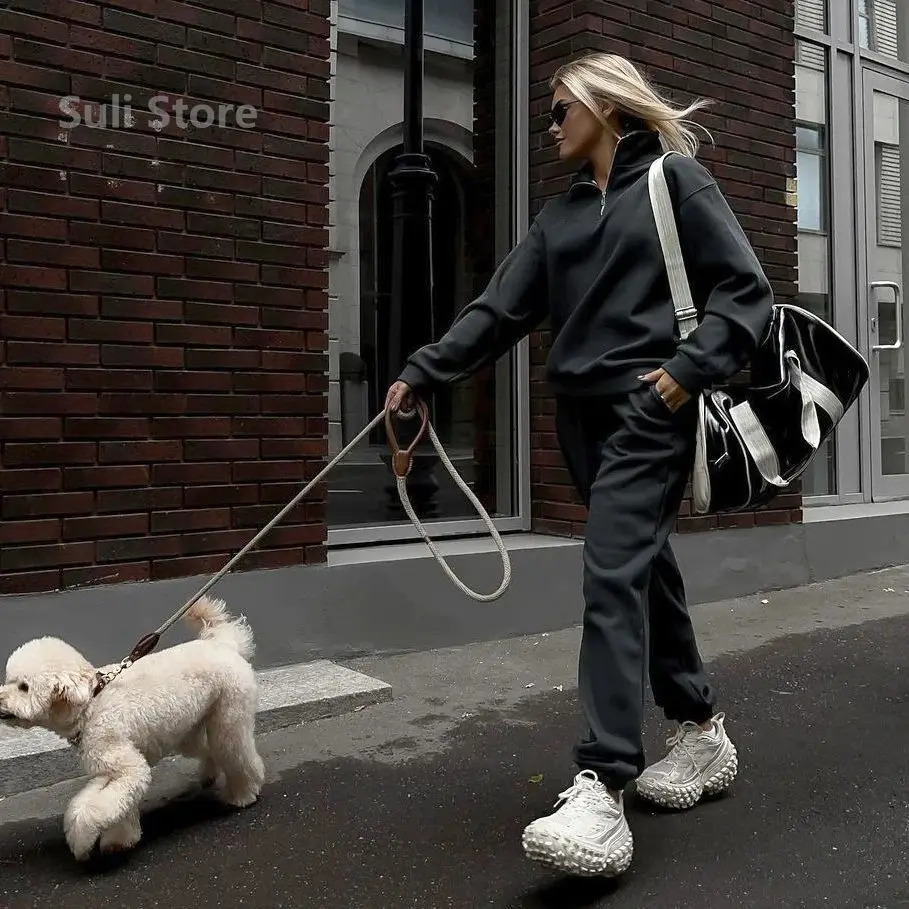 European American Versatile Casual Fashion Thickened Embroidered Long Sleeve Sweatshirt and Long Pants TwoPiece Set 251016