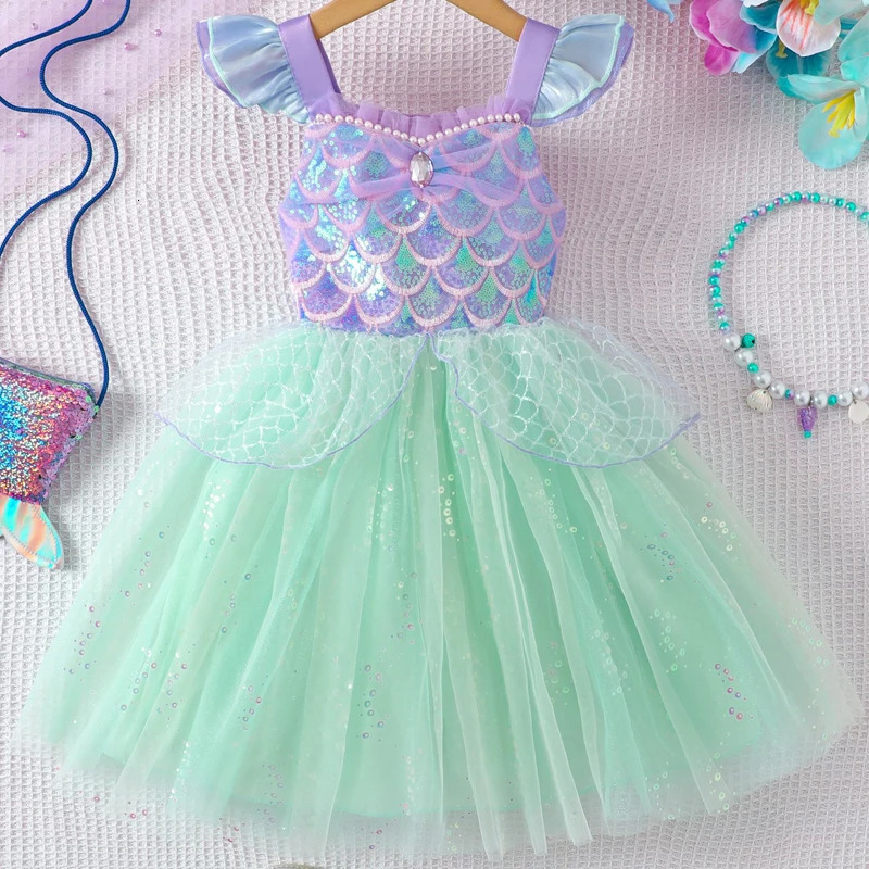 Girls Flying Sleeve Suspender Mesh Skirt Baby Girl Summer Sweet Sequin Performance Costume Mermaid Princess Dress 251014