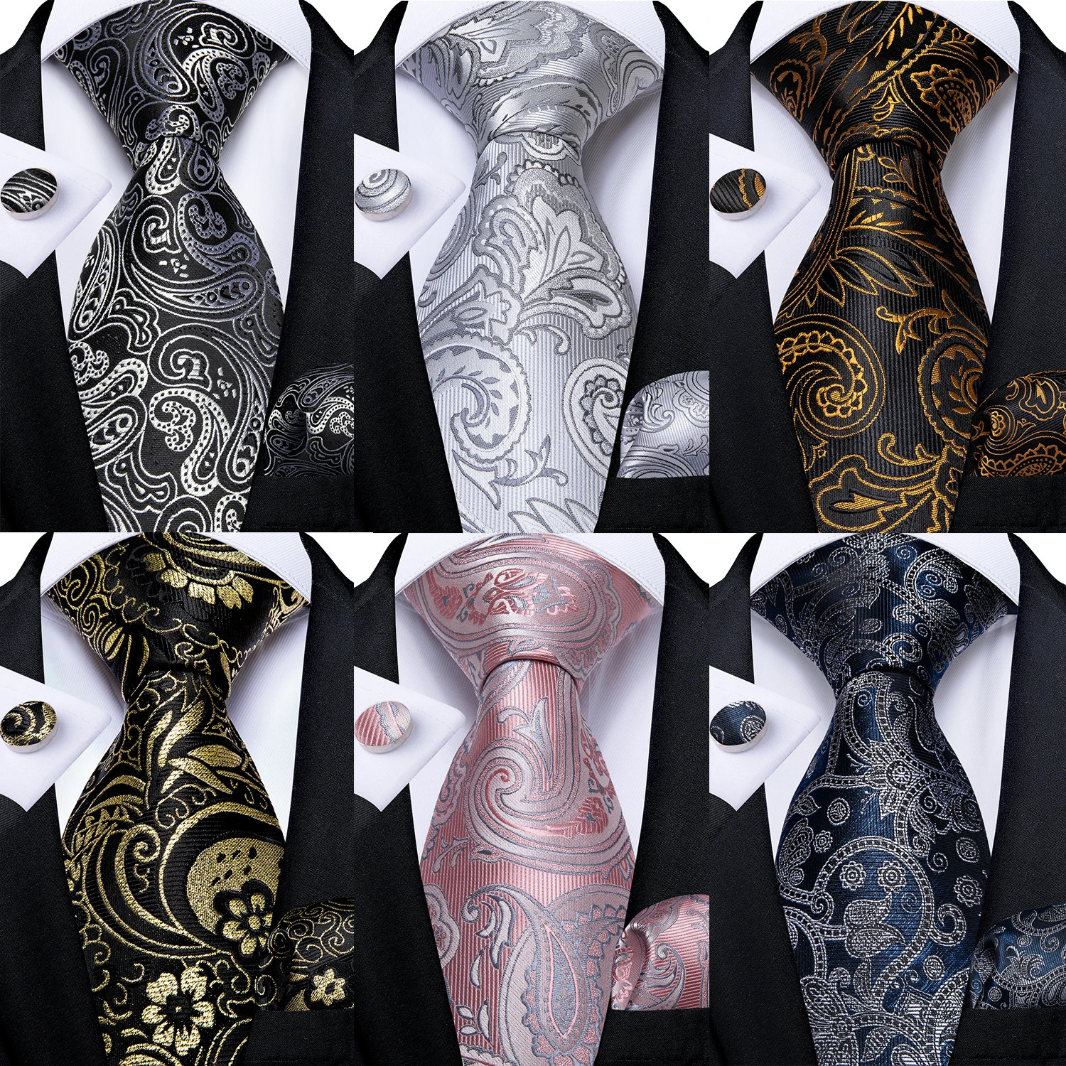 Black And Silver Paisley Floral Mens Ties Gray Blue Pink Wedding Accessories Neck Tie Set Handkerchief Cufflinks Gift For Men 251014