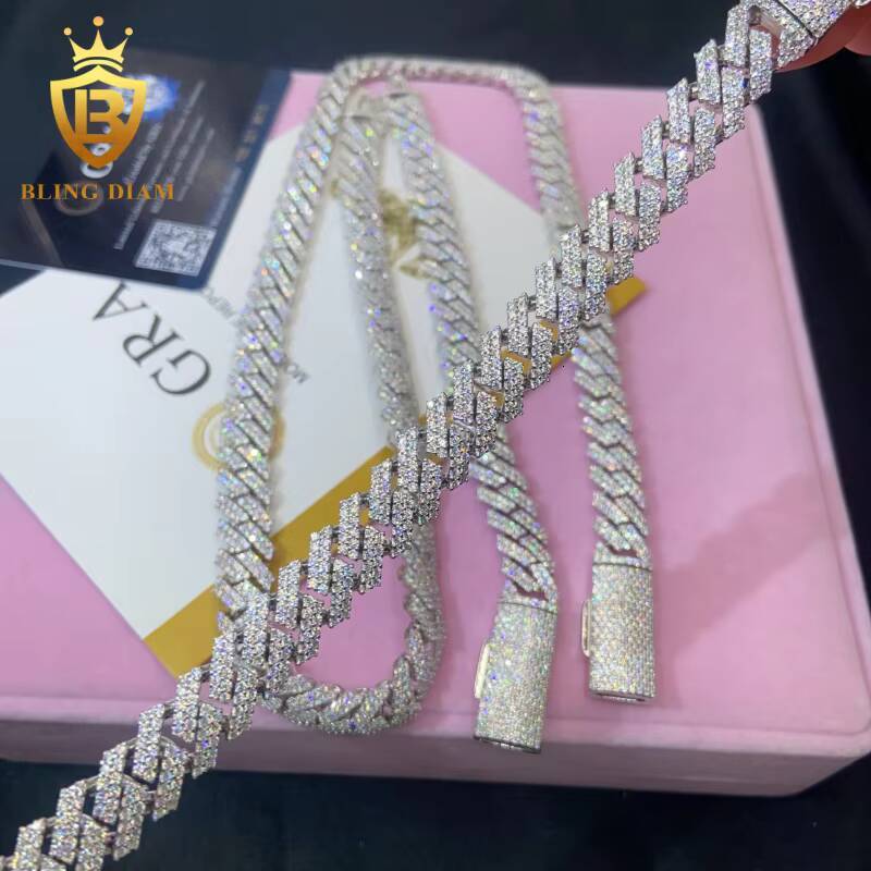 In Stock HipHop Style S925 Moissanite 12mm Cuban Chain Pass Diamond Tester Iced Out Moissanite Necklace Chain Silver with GRA