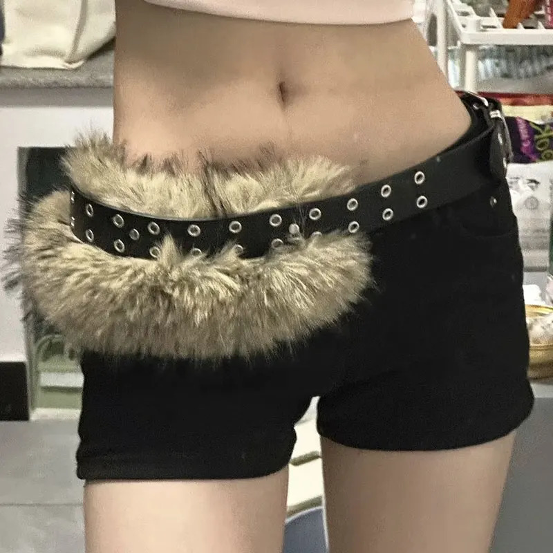 Vintage Brown PU Leather Fur Belt Y2K Hook Furry Fur Belt Cowgirl Gothic Punk Sexy Belts HipHop Waistband Jeans Pants Decor 251016