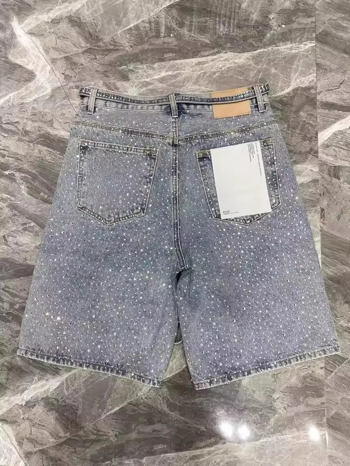 Streetwear Vintage Rhinestone Sequin Denim Short Y2K Jeans Hip Hop Washed Shiny Baggy Shorts Low Waist Casual Over The Knee Pant 251018
