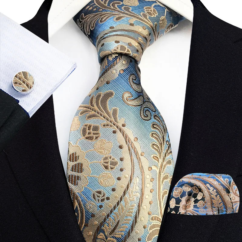 Floral Blue Ties For Men Wedding Party Business Man Tie Handkerchief Brooch Cufflinks Set Men Accessories Gravata 251014