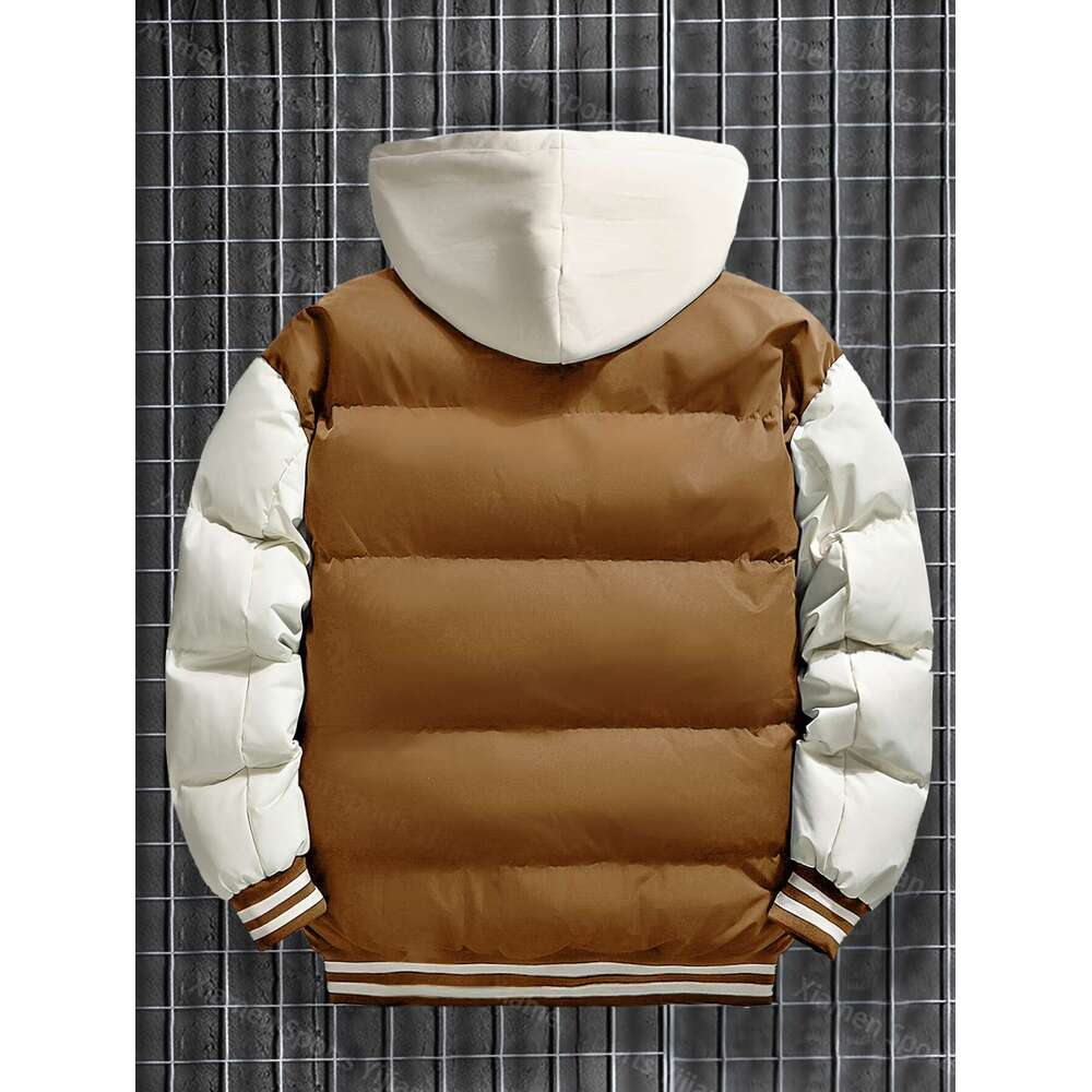 Men's Women's Heavyweight Hooded Red White Color Block Baseball Coat With Front Zipper Closure, Non-Stretch Fabric Outerwear Couples, Casual