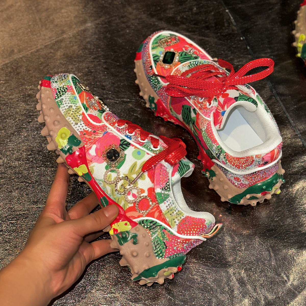 Women's Designer Sneakers Leather Metal Decorative Jeans Luxury Shoes Diamond Breathable Casual Thick Bottoms Non Slip Running Shoes Outdoor Leis