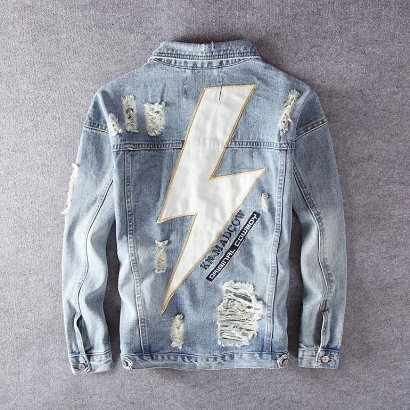 mens denim jacket embroidered print fashion retro ripped street jacket men 251014
