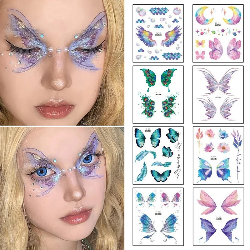 Fairy Butterfly Wings Shiny Tattoo Sticker Waterproof Eyes Face Hand Body Art Fake Tattoos For Women Makeup Dance Music Festival 251015