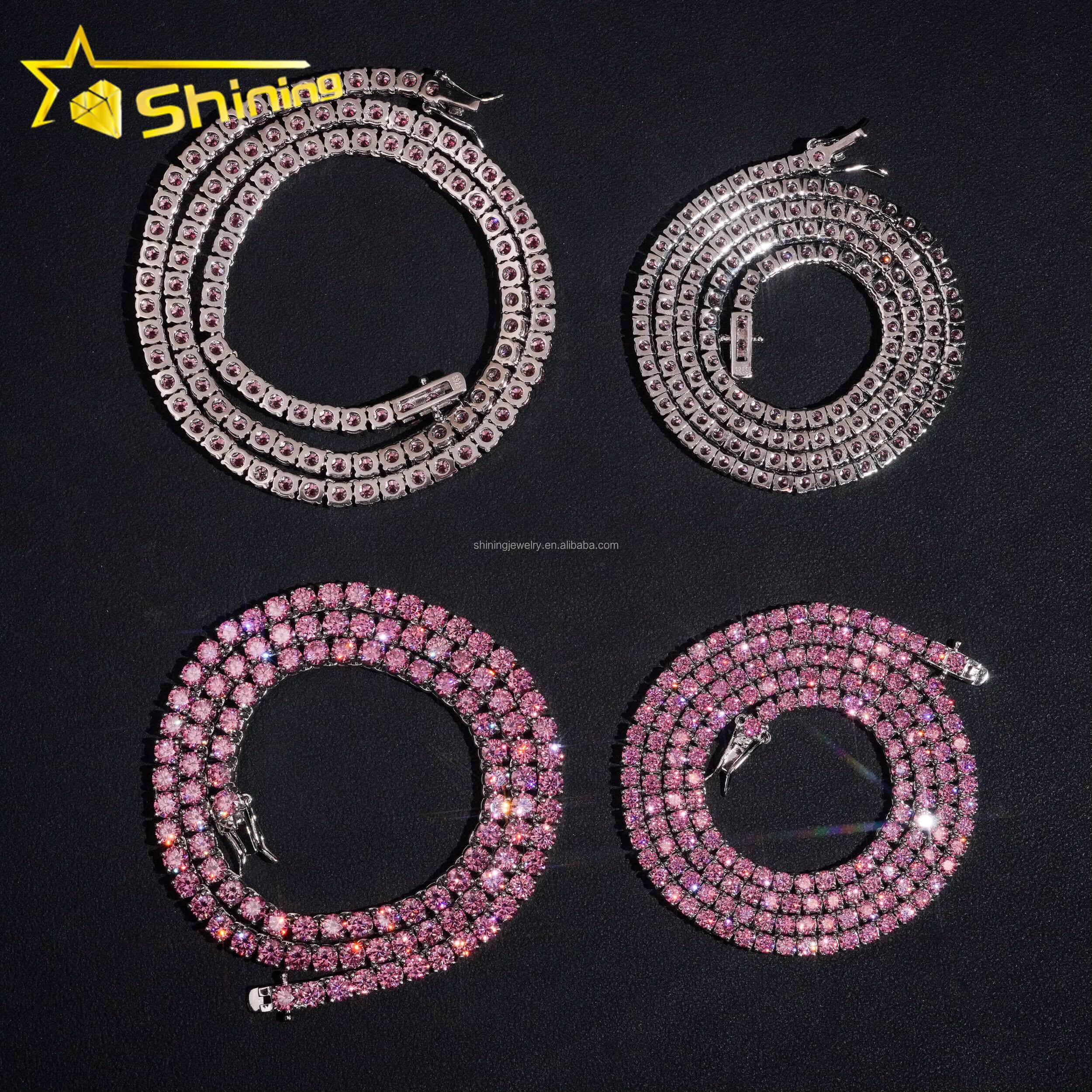 New Arrivals 3mm 4mm Hip Hop Fashion Jewelry Pink Moissanite Tennis Chains 925 Sterling Silver Iced Out Tennis Chain