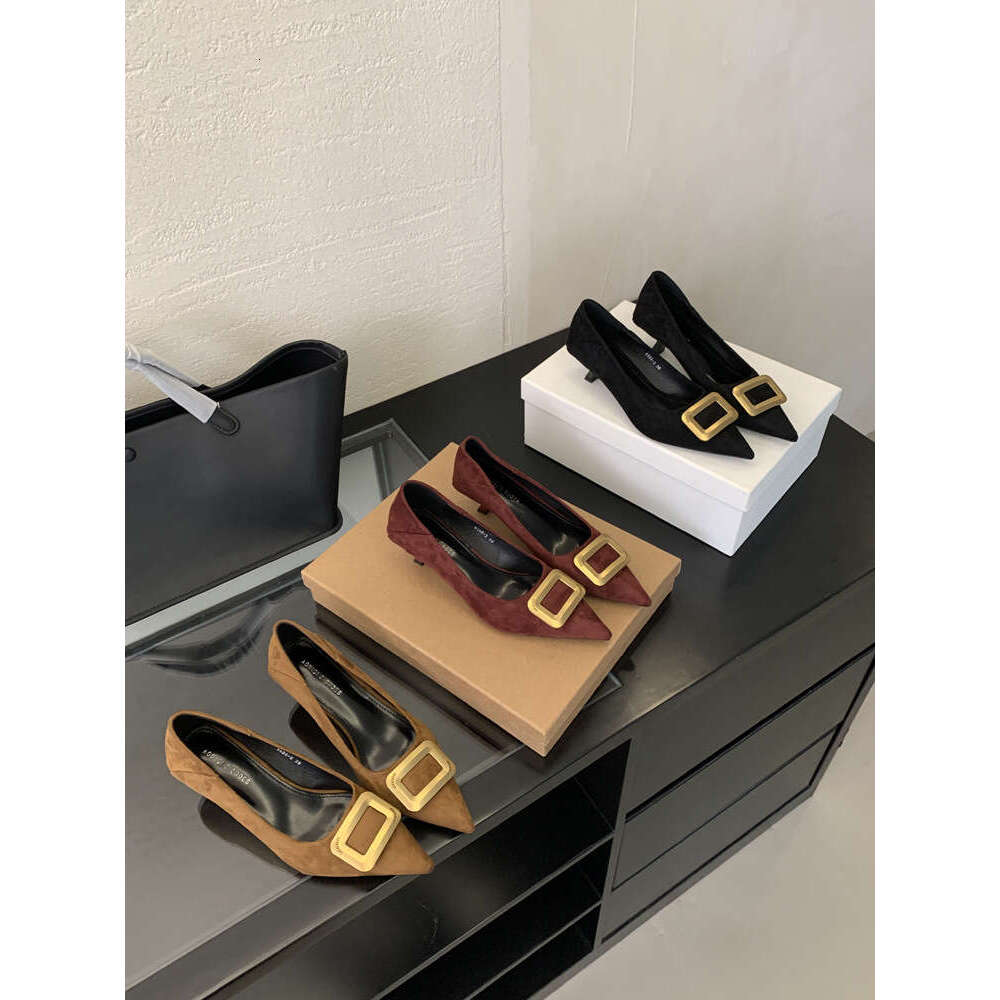 Pointed Toe Suede Elegant Designer Shoe Single Shoes for Women Slimming, Metal Buckle Shallow Mouth Kitten Heels