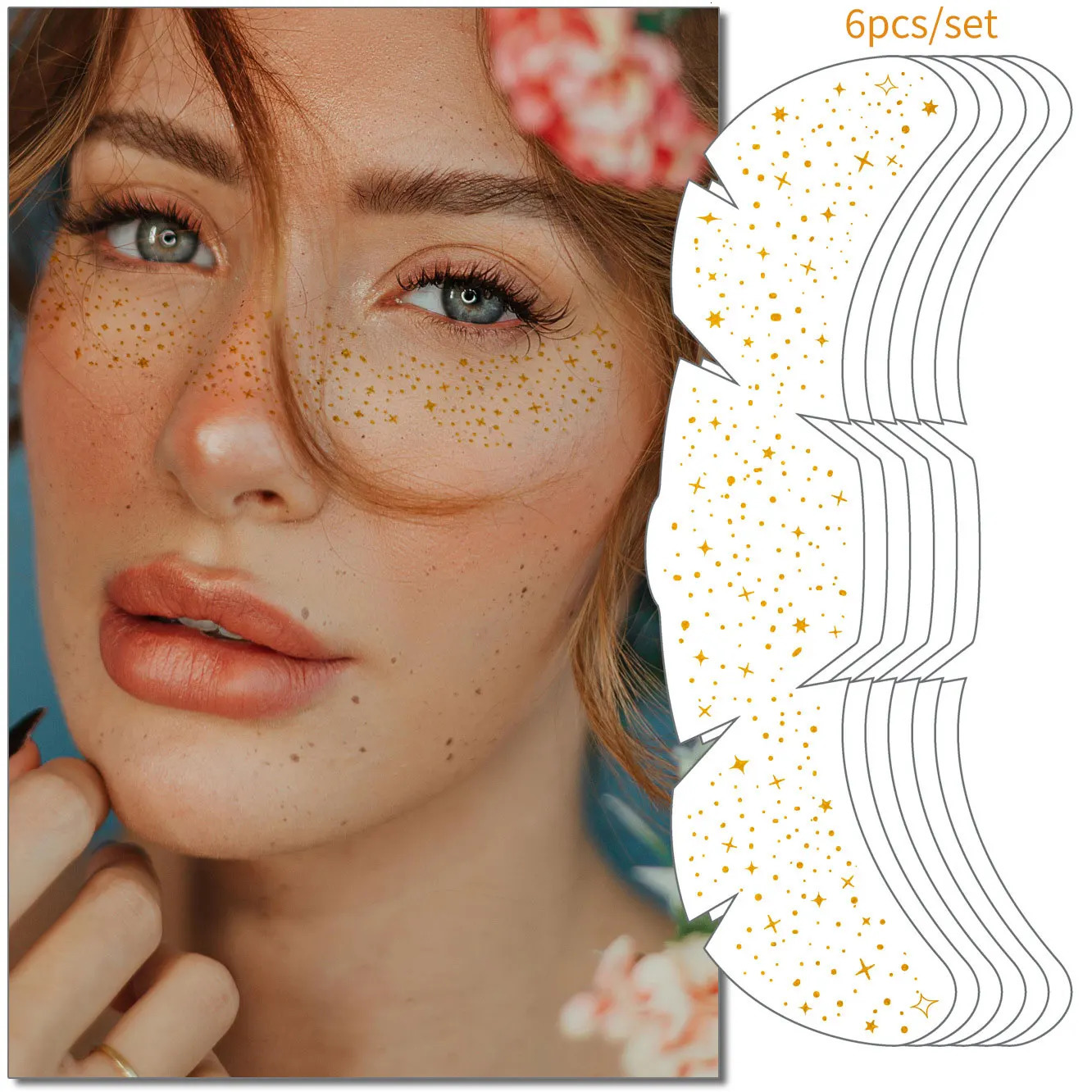 6pcs Freckle Tattoo Stickers Gold Silver Metallic Temporary Tattoo Stickers For Women Glitter Face Decals for Music Festival 251015