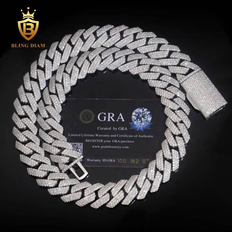 D Color VVS Moissanite Diamond Silver Cuban Link Sterling Silver 925 Iced Out Moissanite Cuban Link Chain Necklace