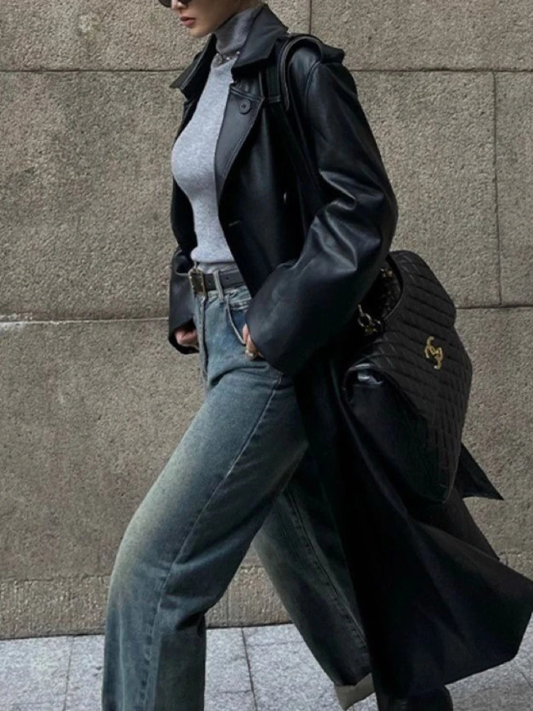 Autumn Winter Fashion Black Brown Retro Medium and Long Knee Pu Leather Jacket Highend Womens Loose Trench Coat 251018