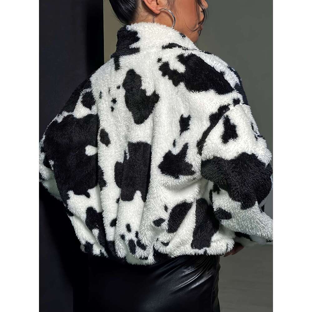 Long Sleeve Fluffy Cow Pattern Zipper Front Teddy Jacket, Casual Outerwear For Fall & Winter, Women's Clothing