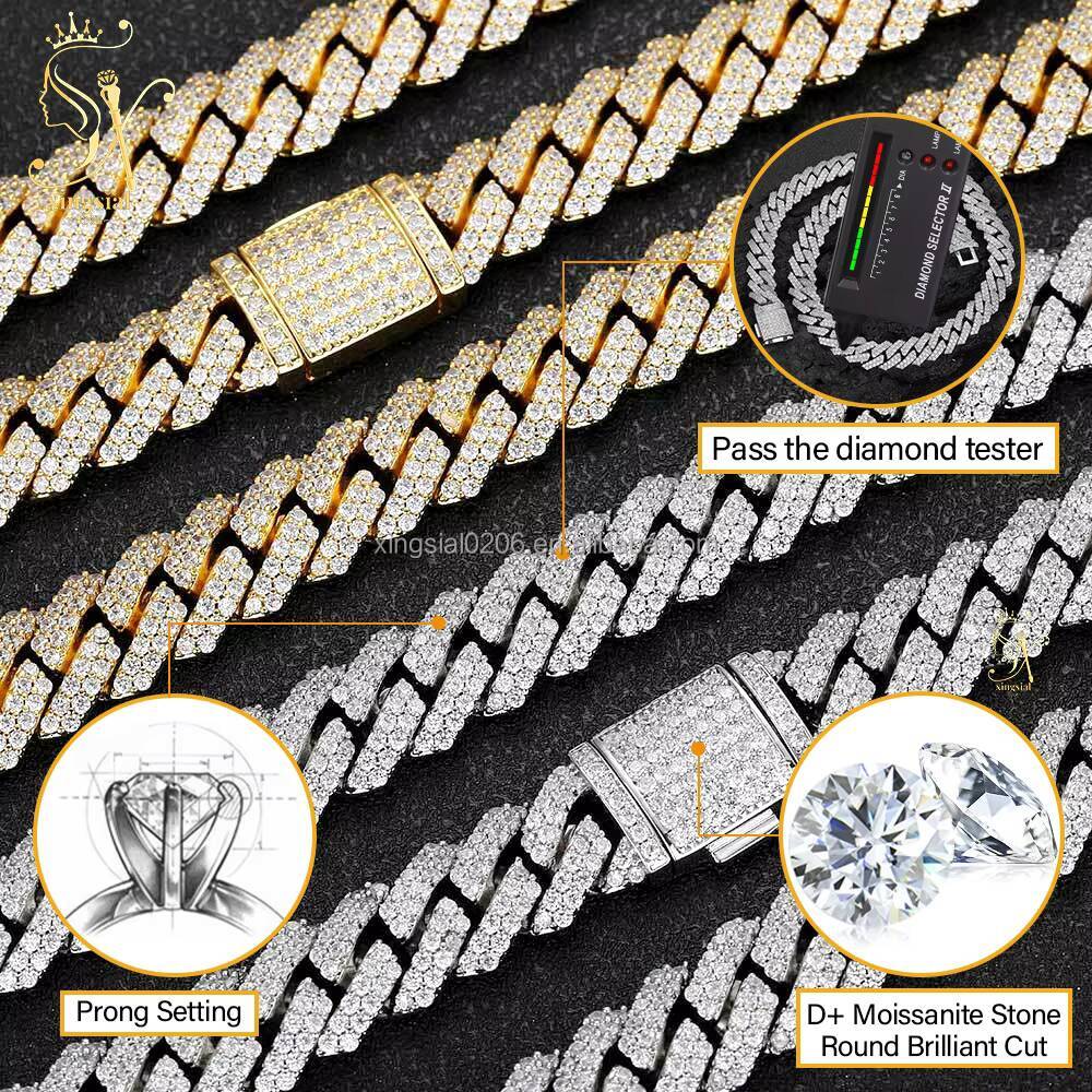 Hip Hop Style Jewelry 925 Silver 18K Gold Plated Mens Baguette Cuban Necklace 12mm Iced Out Diamond Moissanite Cuban Link Chain