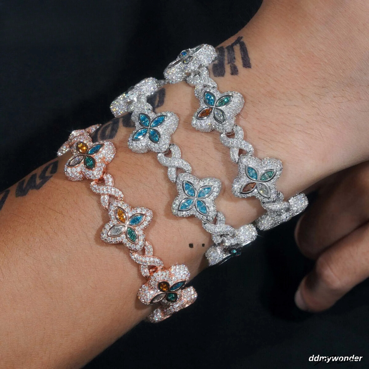 New Trendy Rapper Jewelry Hip Hop Gold Plated Moissanite Dia Sier Clover Infinity Men Cuban Link Bracelet Ddmywonder