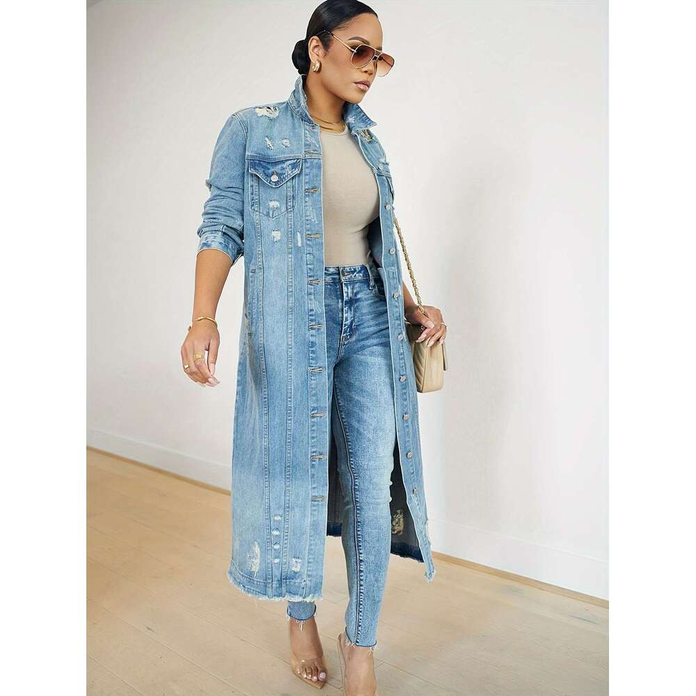 VOCKOO Women's Casual Faux Denim Trench Coat, Sleeve, Solid Color, Non-Stretch, Long Length, With Washed Detail, For Fall/Winter Collection