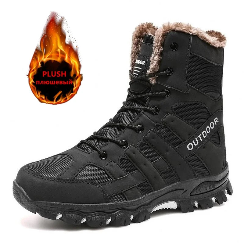 Winter Mens Boots Thick Plush Warm Snow Boots LaceUP Men Ankle Boots Outdoor Waterproof Mens Motorcycle Boots Size 47 251010