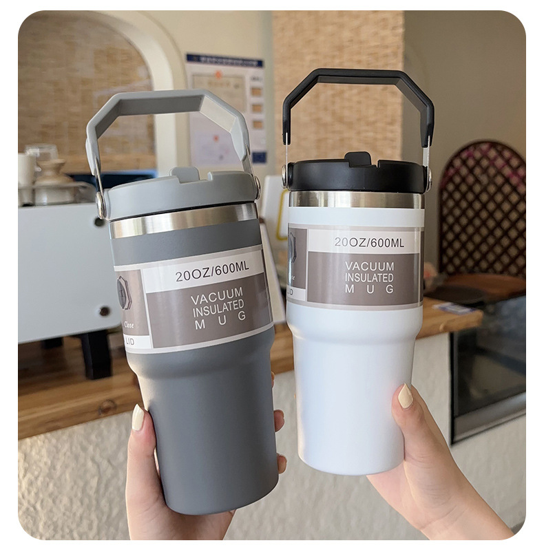 large capacity portable car cup stainless steel thermos cup with straw handle travel sports water bottle vacuum flask