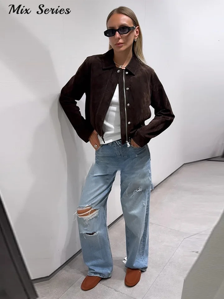 Casual Solid Zipper Jacket Women Lapel Collar Long Sleeve Button Retro Coats 2025 Autumn Lady Fashion Lightweight Streetwear 251010