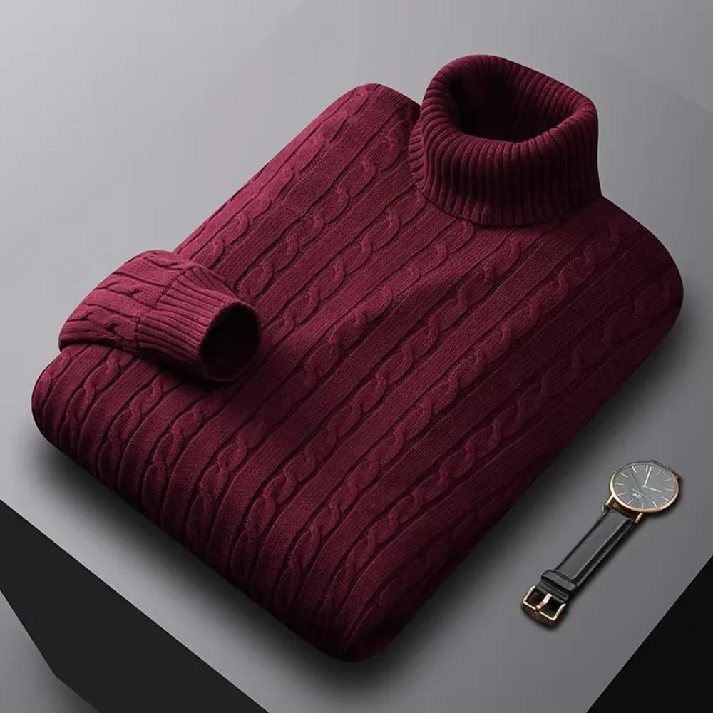 Autumn Mens Turtleneck Jacquard Sweater Solid Color Knitted Pullover Casual Warmth High Elastic Versatile Male Sweatwear 251015