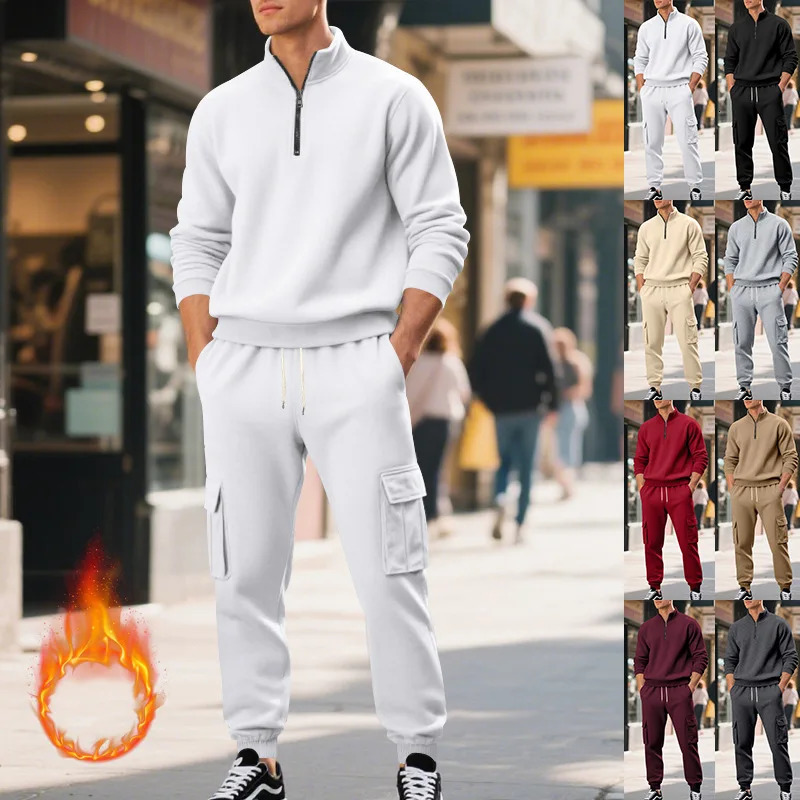 Autumn Winter Mens Suit Casual Sports Fleece Lined Warm Zipper Mens Workwear Long Pants Stand Collar Sweatshirt 2 Set 251016
