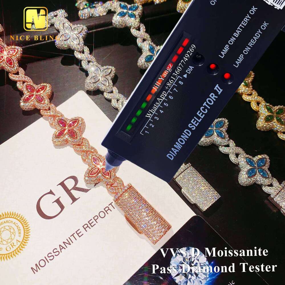 12 Options Colorful Flower Bracelet Ready Stock Hip Hop Fancy Dia Cuban Link Chain Moissanite Sier