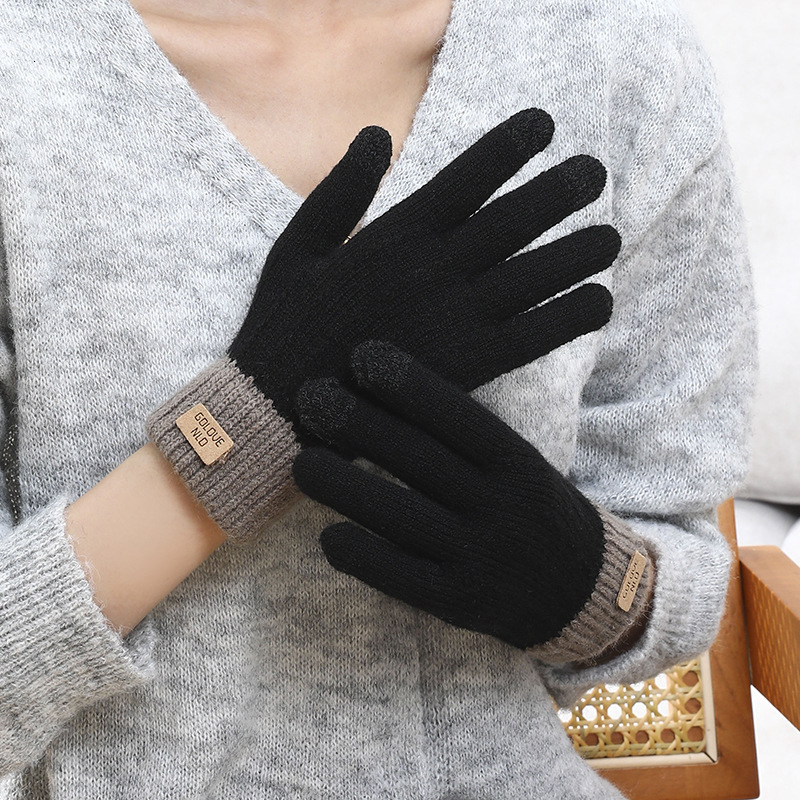 Korean Version Winter Warm Wool Windproof Adult Fleece Lined Thickened Five-Finger Touchscreen Knitted Cold-Proof Cycling Outdoor Gloves