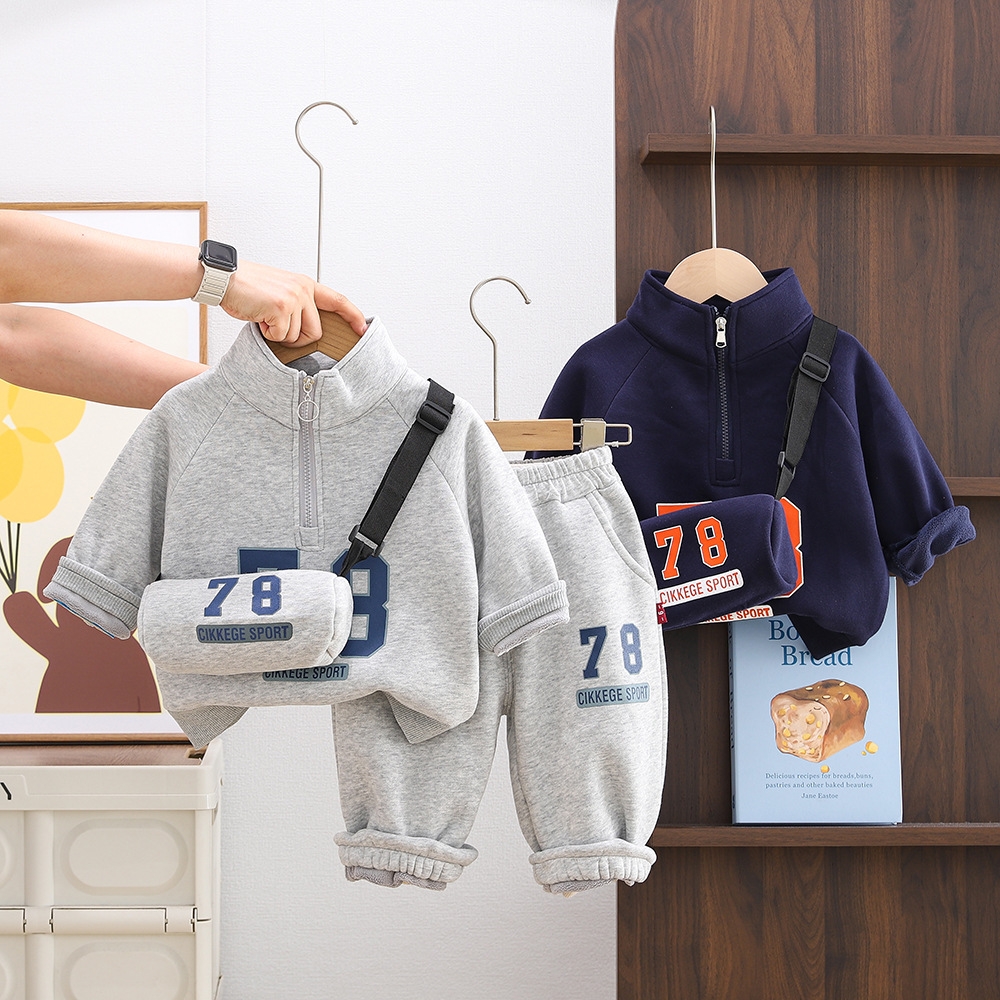 Boys' Winter Set Casual New Style 2025 Autumn/Winter Children's Clothing Half Zipper Sports Hoodie Two Piece Set