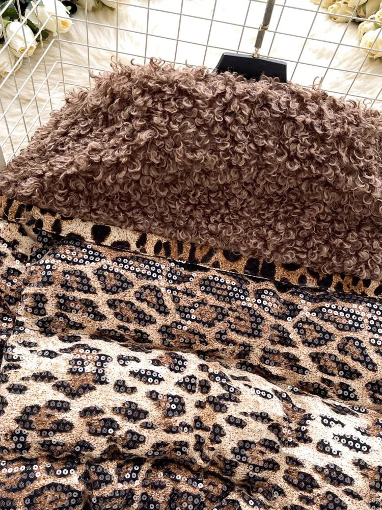 Fashion Y2k Leopard Print Down Cotton Jacket Winter HighQuality Plush Large Collar Splicing Drawstring Sequin Thick Coat Women 251017