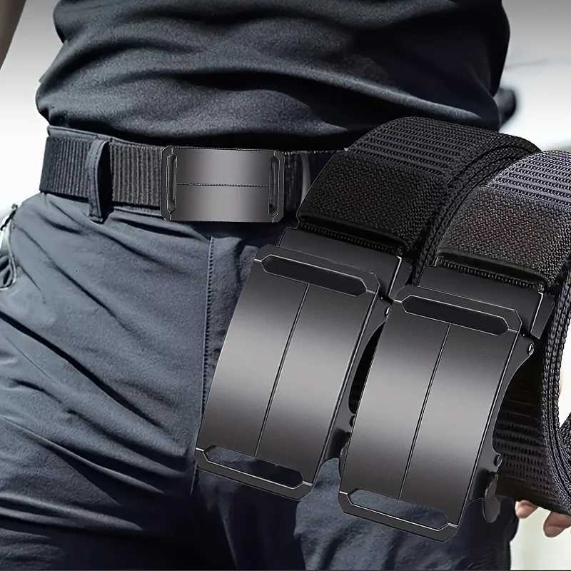 1pc Mens Automatic Buckle Belt Sporty Black Canvas Belt with Embossed Outdoor Gym Training Durable Adjustable Waistband W251018