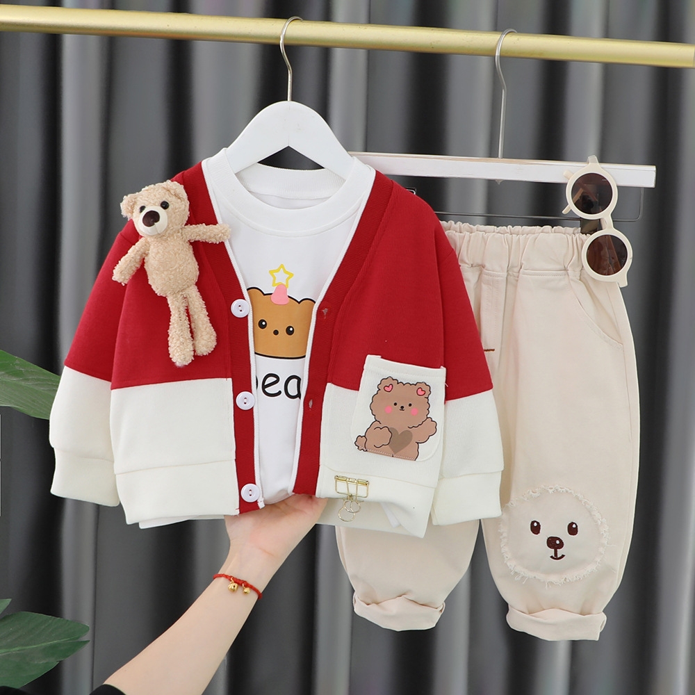 Baby cardigan three piece set for spring and autumn, 2025 new trendy children's clothing for boys and girls, spring set, college style, free ship
