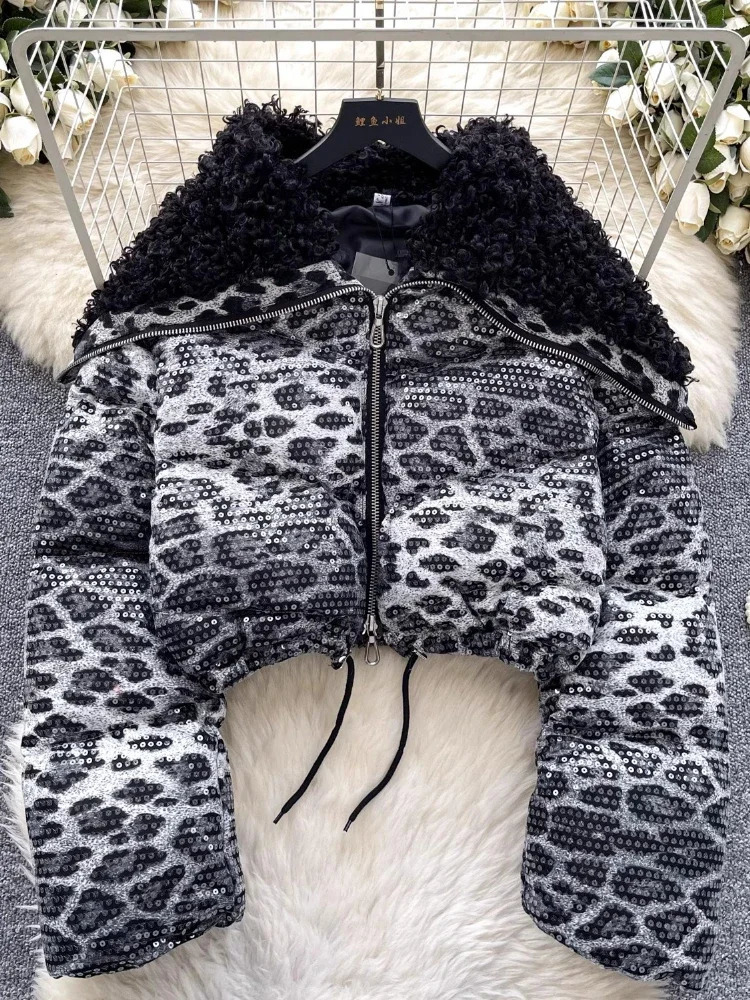 Fashion Y2k Leopard Print Down Cotton Jacket Winter HighQuality Plush Large Collar Splicing Drawstring Sequin Thick Coat Women 251017