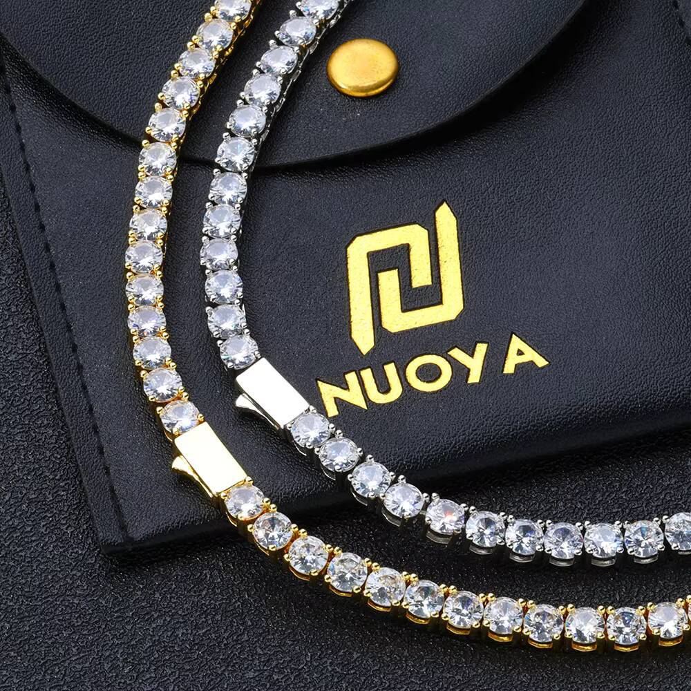 NUOYA Moissanite Tennis Chain Necklace 925 Silver Iced Out Round Cut Pass Diamond Tester Tennis Chain Womens Fine Jewelry Gift