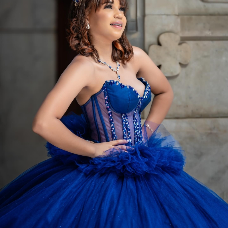 Royal Blue Shiny Quinceanera Dresses Off The Shoulder Beading Crystal Tiered Tull Party Birthday Sweet 16 Dres Vestidos 15 De Anos