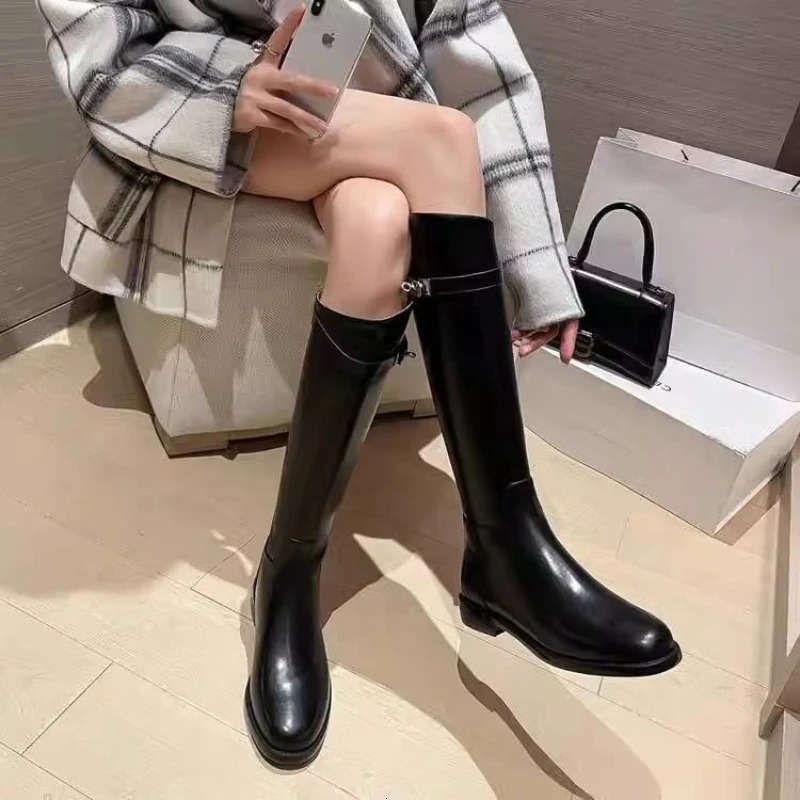 Black Leather Elegant with Low Heels Ladies Knee High Shaft Shoes Trend in Comfortable Rock Y2k Womens Long Boots 251017