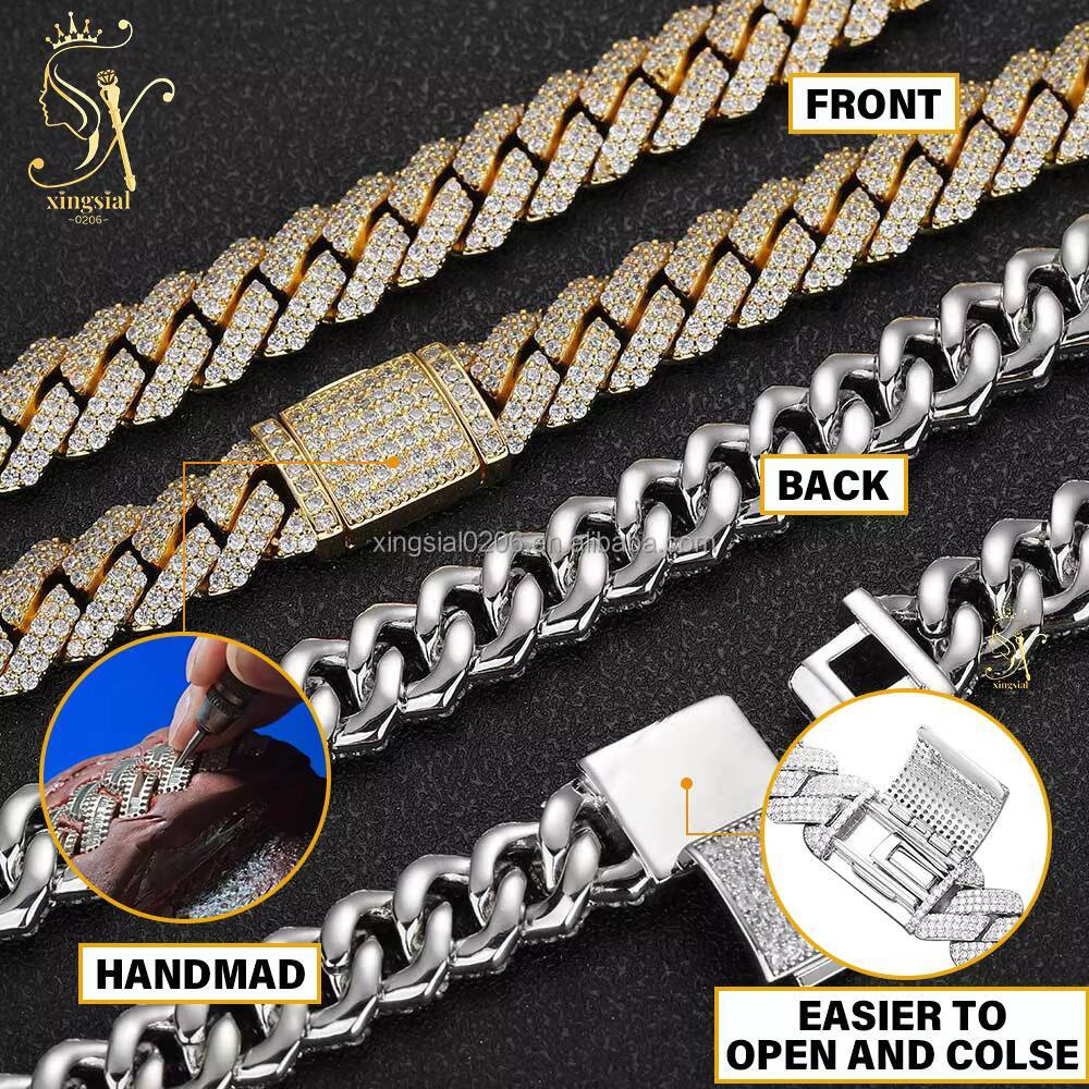 Hip Hop Style Jewelry 925 Silver 18K Gold Plated Mens Baguette Cuban Necklace 12mm Iced Out Diamond Moissanite Cuban Link Chain