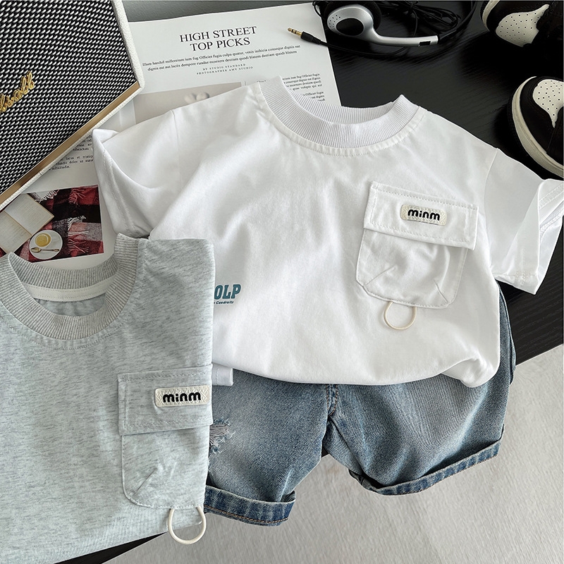 Boys' summer clothes with letter pockets, baby's summer sports, children's clothing, short sleeves, handsome baby clothes