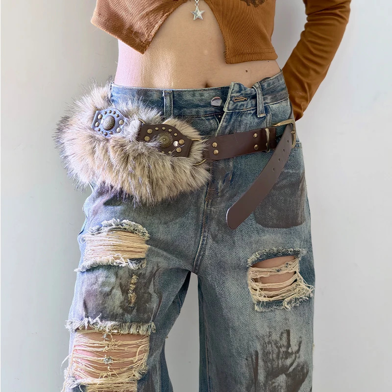 Vintage Faux Fur Belts Y2K Metal Bead Chain Plush Waist Chain Furry Fur Sexy Cowgirl Waistband Punk Belt Jeans for Night Club 251016