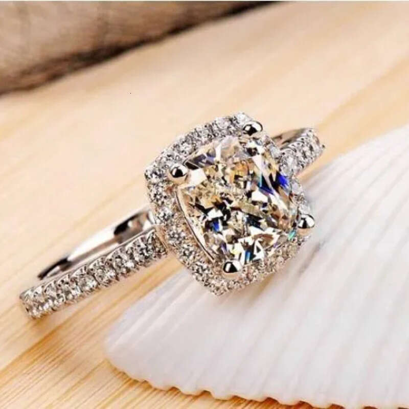 Three Color Hot Sell Jewelry Sterling Sier Cushion Shape White Topaz Women Wedding CZ Dia Classical Geones Ring Gift