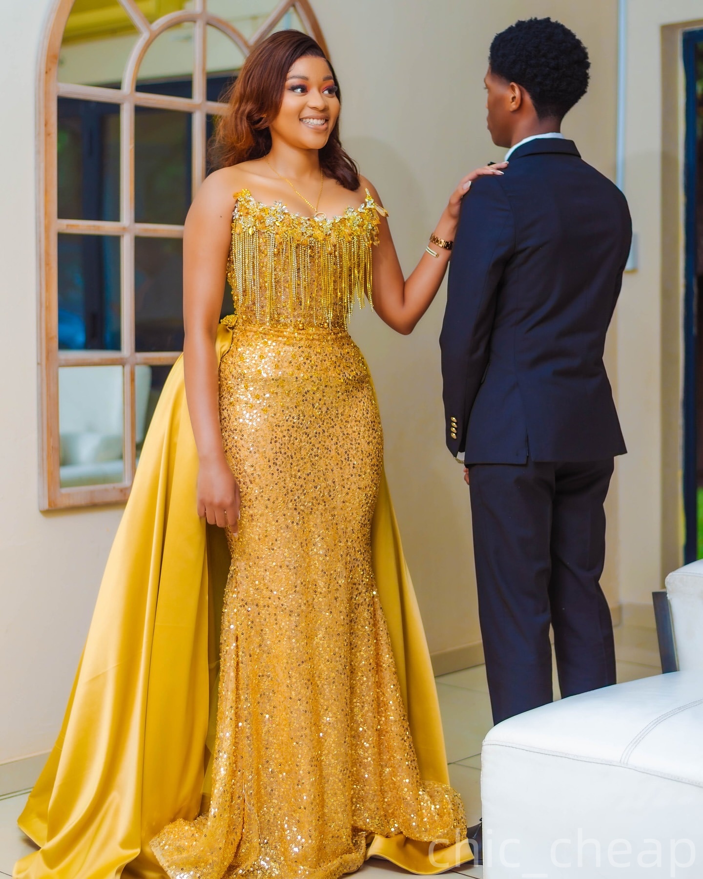 Gold Mermaid Prom Dresses 2025 Crystals Tassels Detachable Train Evening Formal Party Second Birthday Engagement Gowns Plus Size Dress For Special Occ